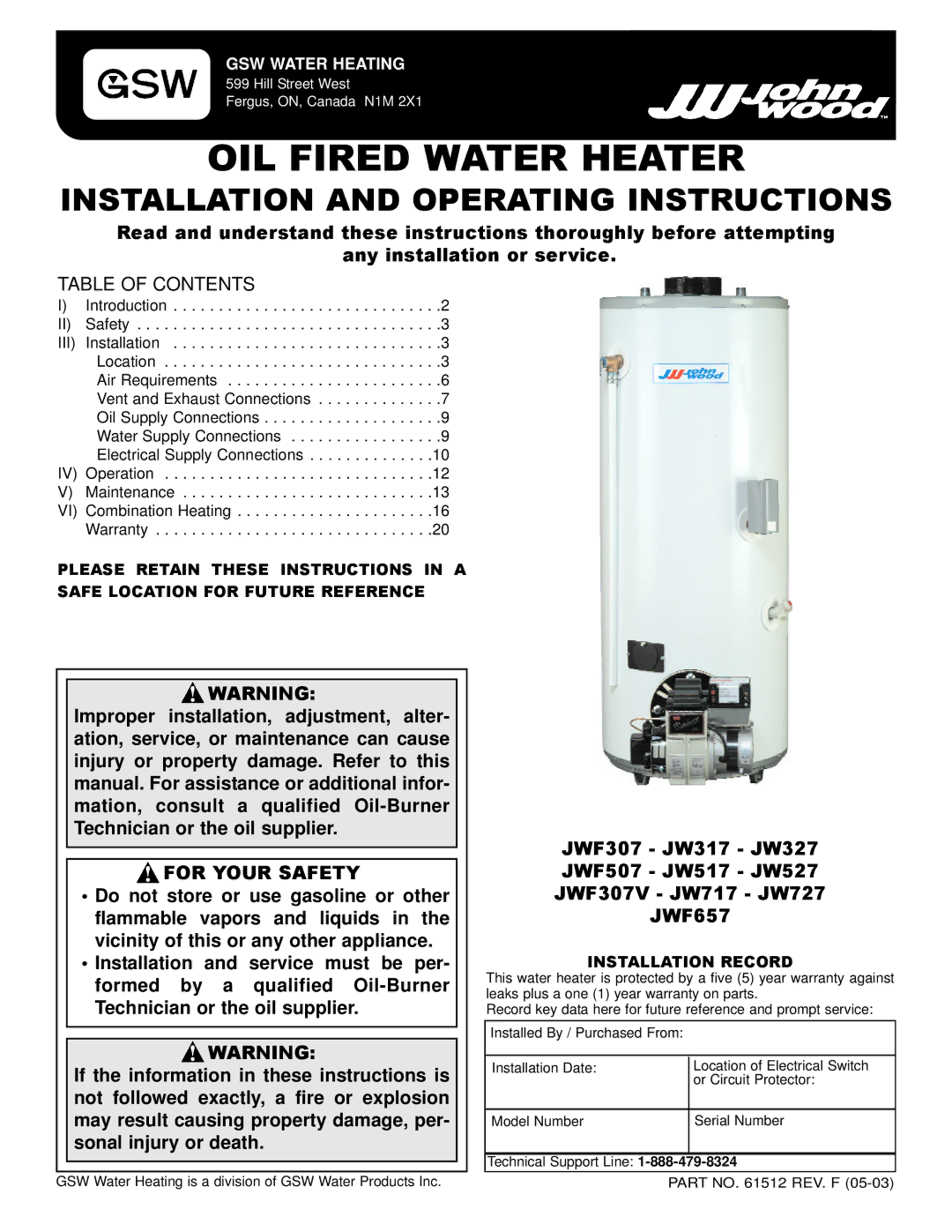 GSW JW717, JW727 JWF657, JW517, JW327 JWF507, JW527 JWF307V, JW317 operating instructions OIL Fired Water Heater 