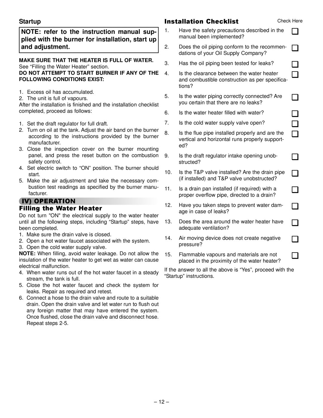 GSW JW317, JW727 JWF657, JW717, JW517, JW327 JWF507, JW527 JWF307V operating instructions Startup, Installation Checklist 