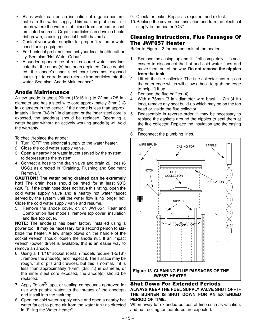 GSW JW717 Anode Maintenance, Cleaning Instructions, Flue Passages Of The JWF657 Heater, Shut Down For Extended Periods 