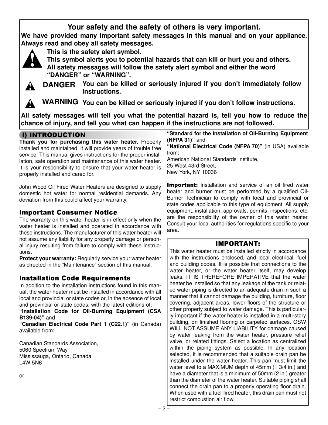 GSW JW517, JW727 JWF657, JW717, JW327 JWF507, JW527 JWF307V, JW317 Important Consumer Notice, Installation Code Requirements 