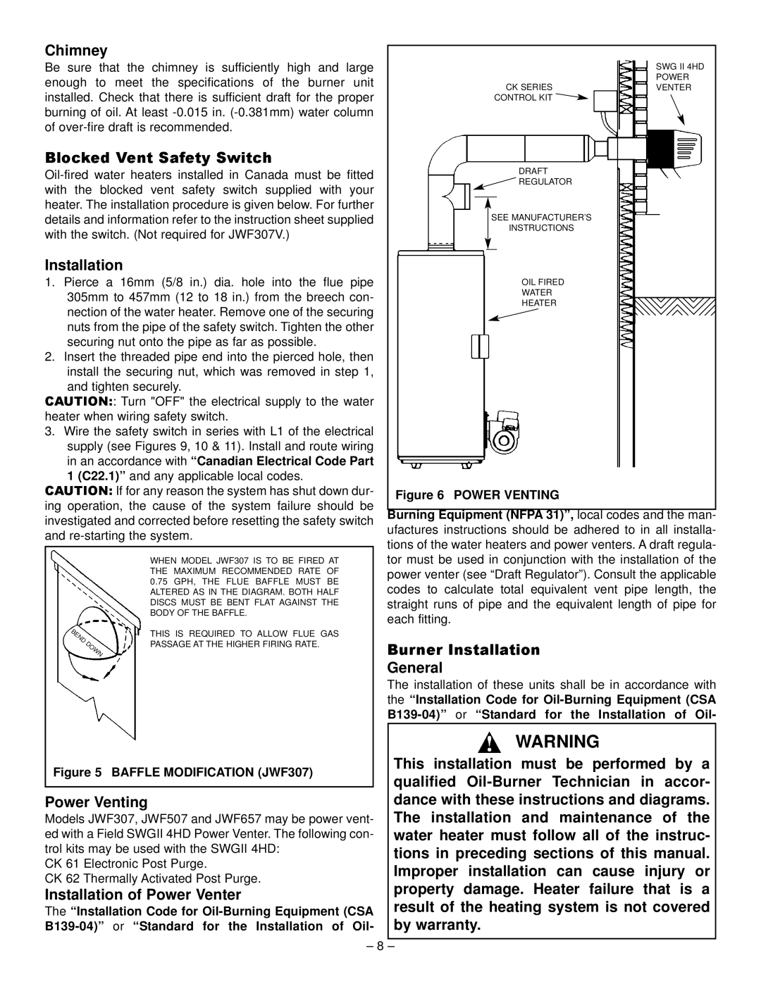 GSW JW717 Chimney, Blocked Vent Safety Switch, Burner Installation General, Installation and maintenance, By warranty 