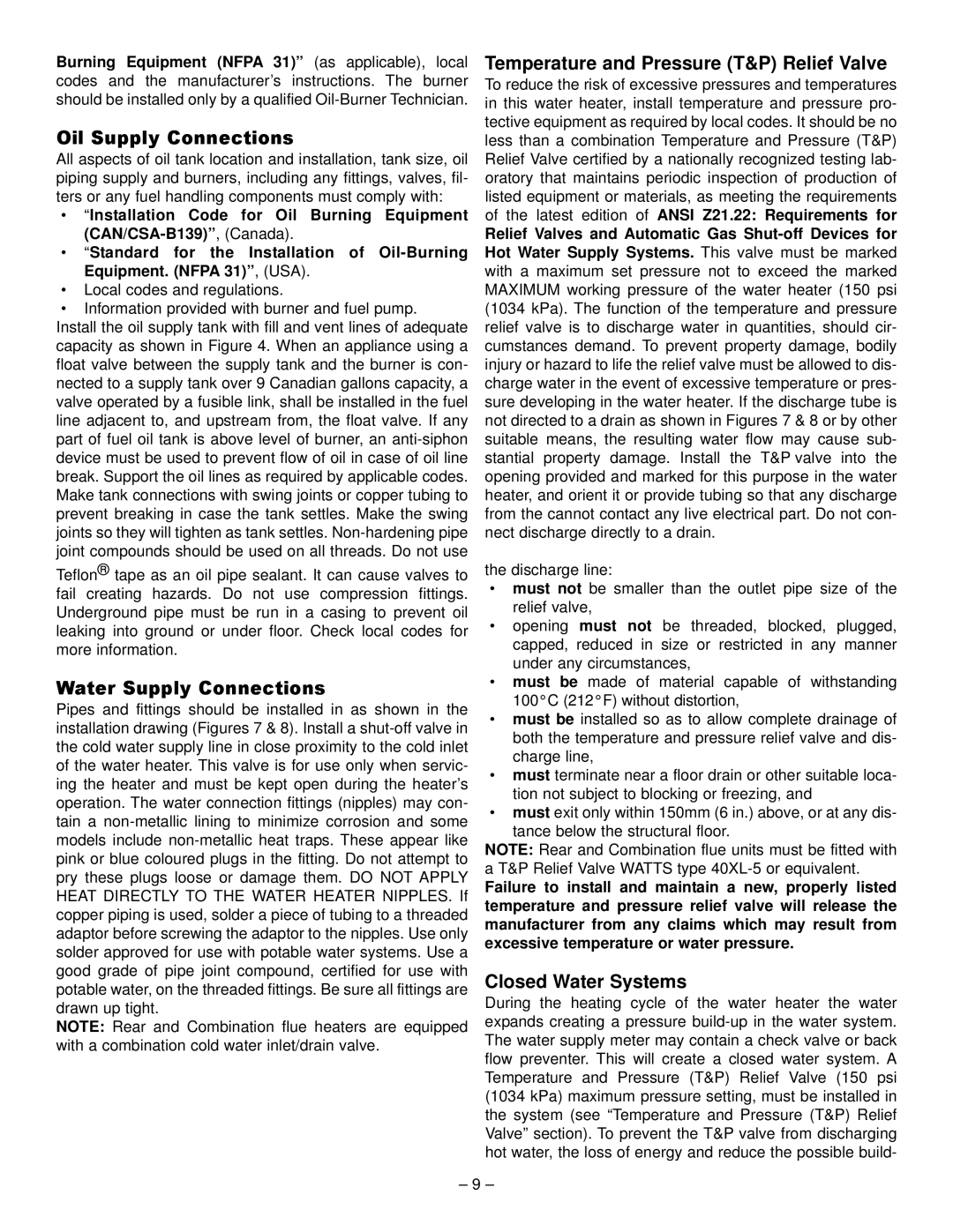 GSW JW517, JW727 JWF657, JW717 Oil Supply Connections, Water Supply Connections, Temperature and Pressure T&P Relief Valve 