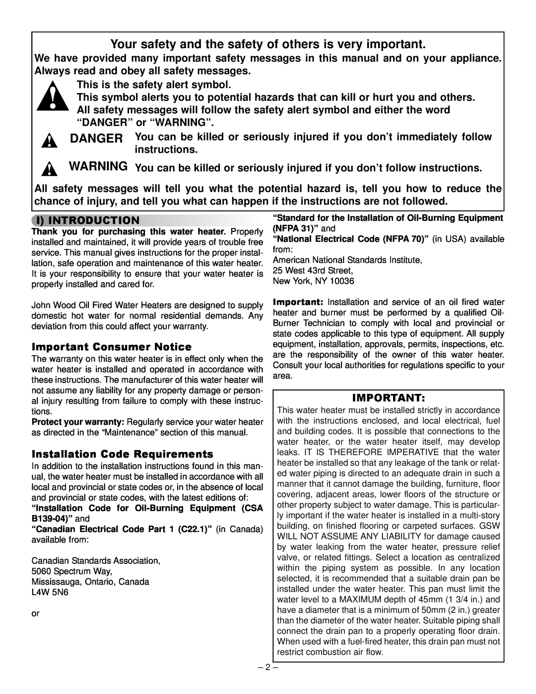 GSW JW517, JW727 JWF657, JW717 This is the safety alert symbol, Important Consumer Notice, Installation Code Requirements 
