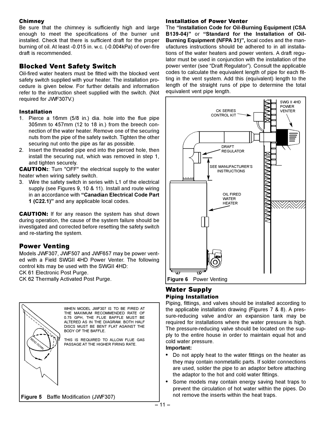 GSW JWF657, JWF507 manual Blocked Vent Safety Switch, Power Venting, Water Supply 