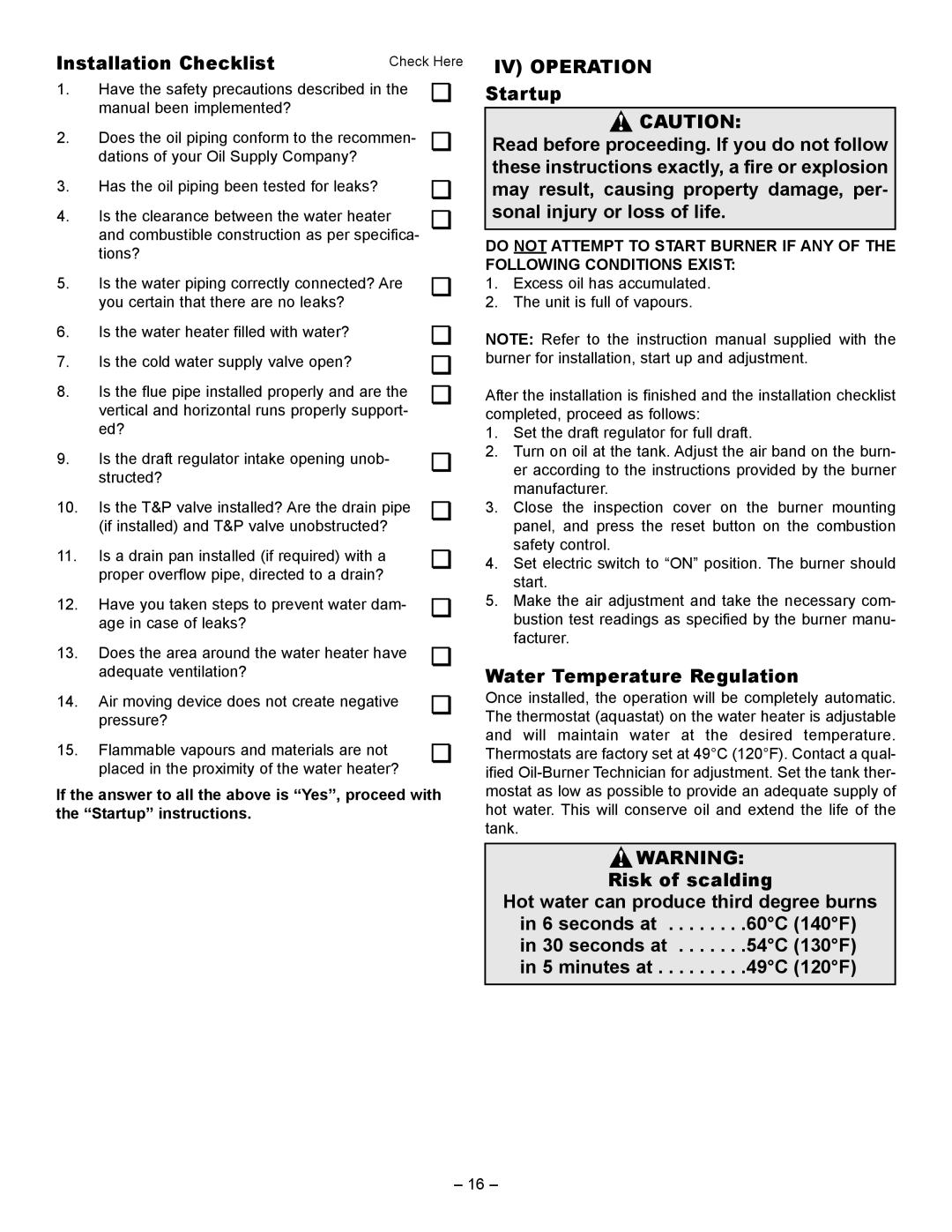 GSW JWF507, JWF657 manual Installation Checklist, IV Operation, Water Temperature Regulation 