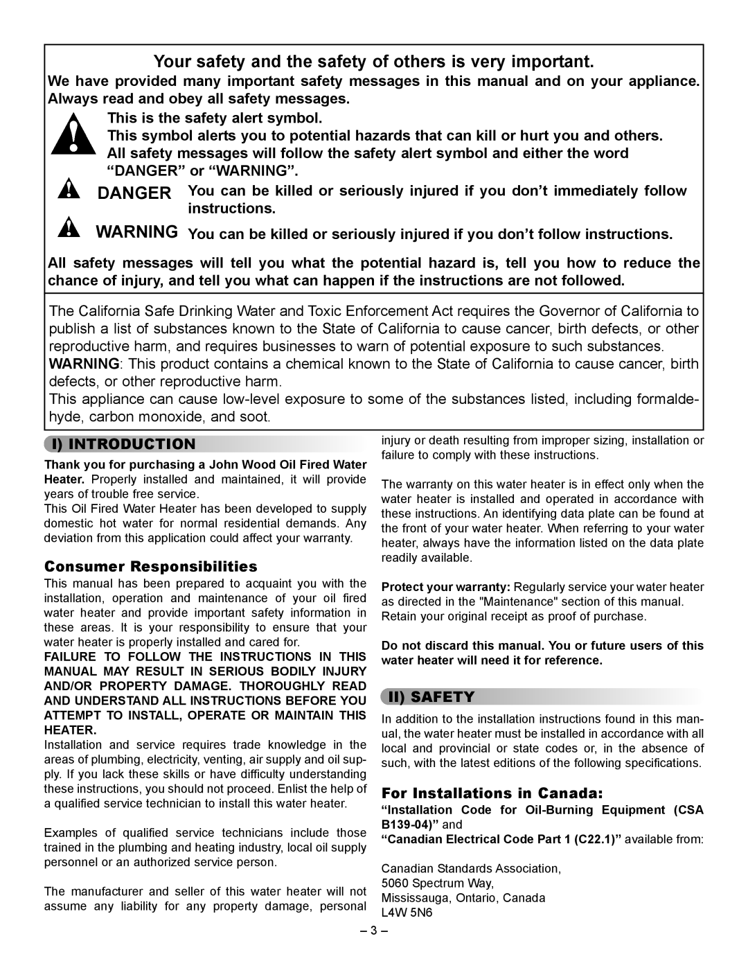 GSW JWF657, JWF507 manual Introduction, Consumer Responsibilities, II Safety, For Installations in Canada 