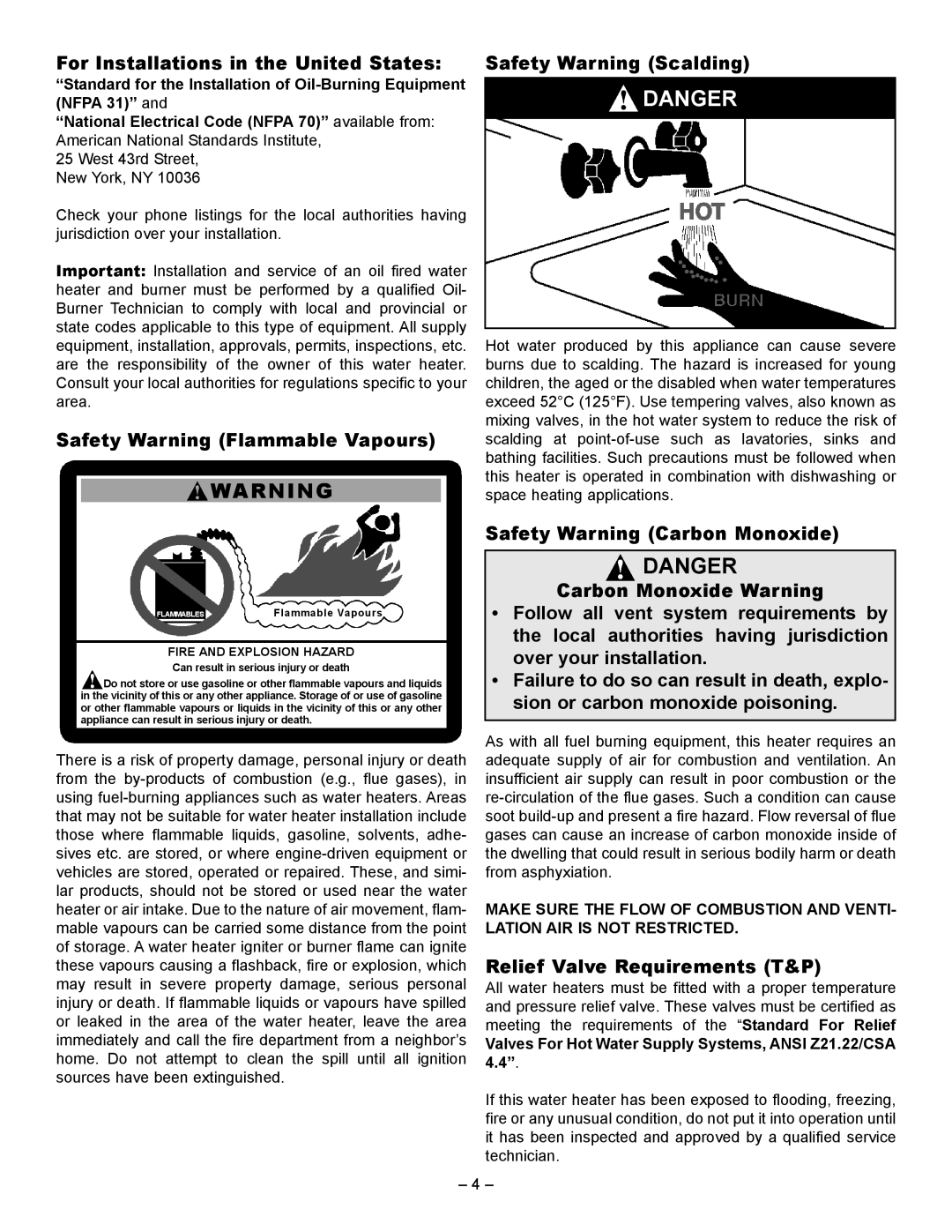 GSW JWF507, JWF657 manual For Installations in the United States, Safety Warning Flammable Vapours, Safety Warning Scalding 