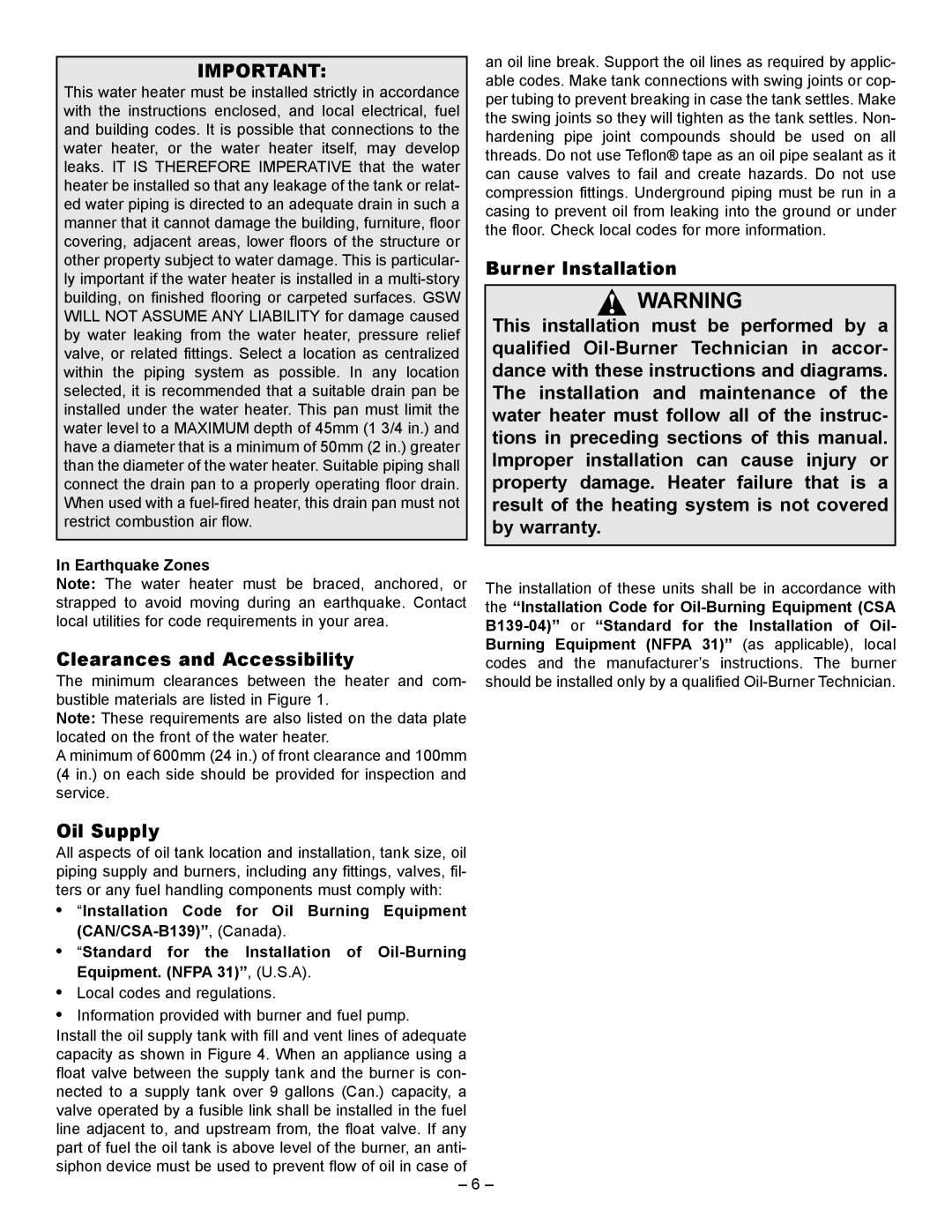 GSW JWF507, JWF657 manual Clearances and Accessibility, Oil Supply, Earthquake Zones 