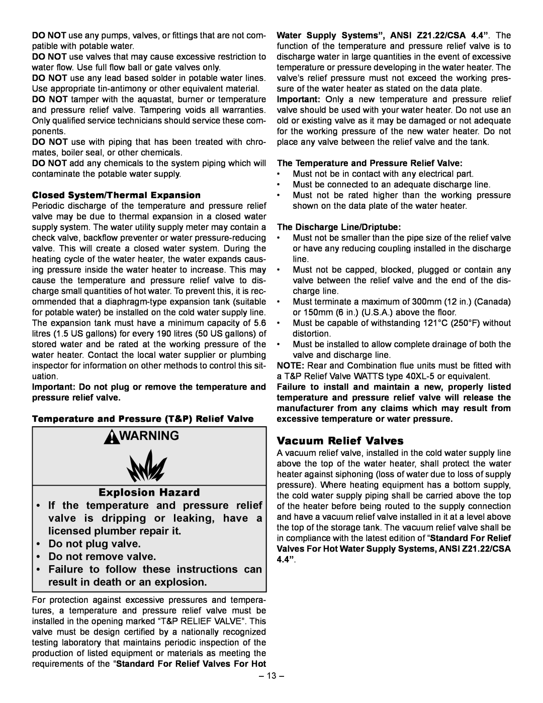 GSW JWF657, JWF507 manual Explosion Hazard, Do not plug valve Do not remove valve, Vacuum Relief Valves 