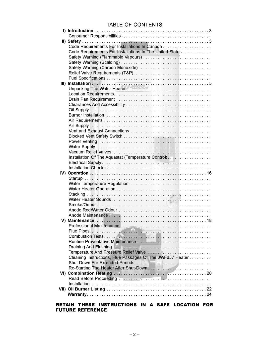 GSW JWF507, JWF657 manual Table Of Contents 