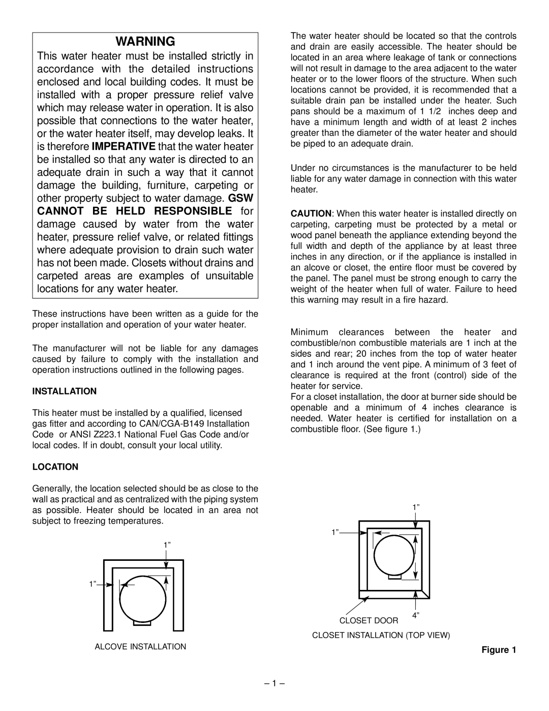 GSW PART NO.70999 REV.G (03-12) operating instructions Installation, Location 