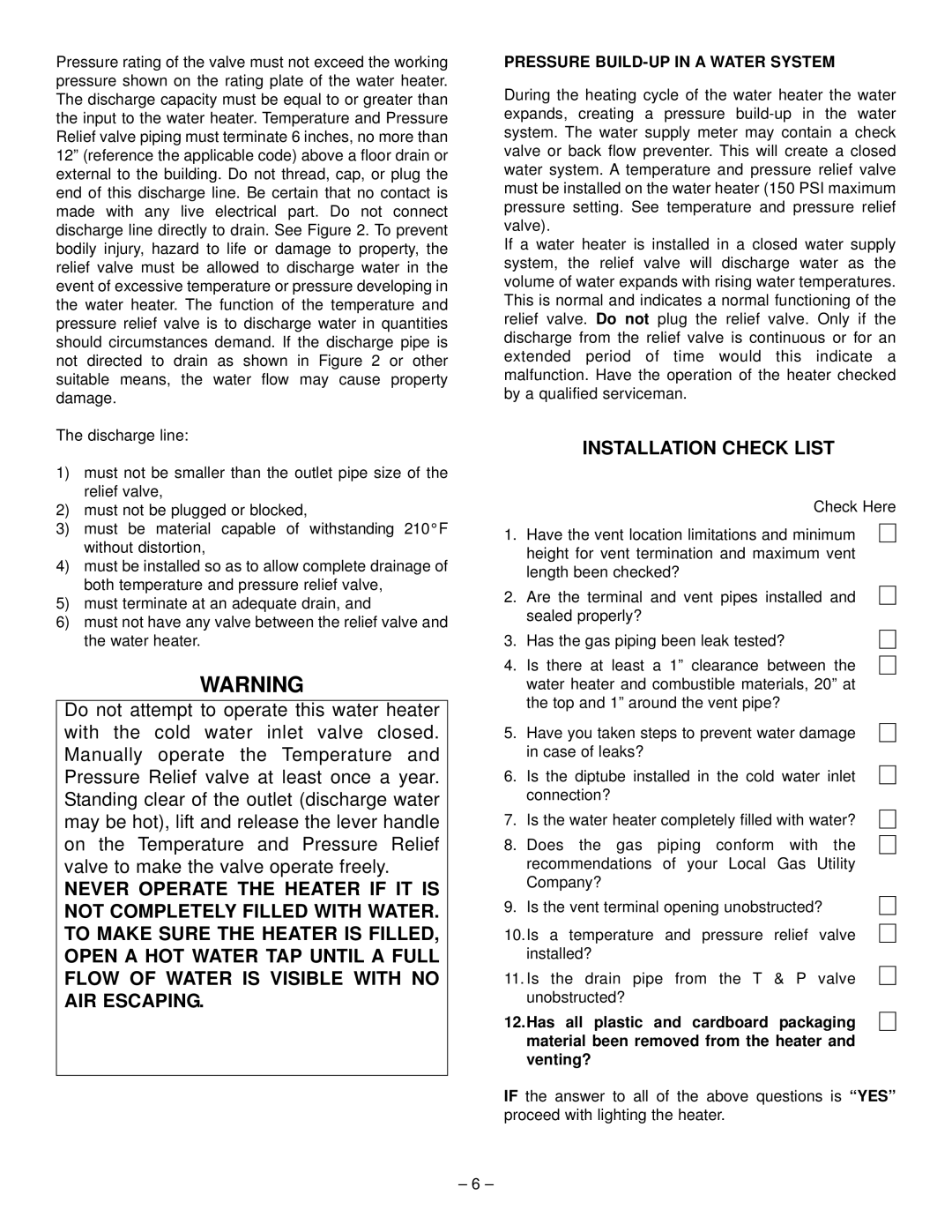 GSW PART NO.70999 REV.G (03-12) operating instructions Installation Check List, Pressure BUILD-UP in a Water System 