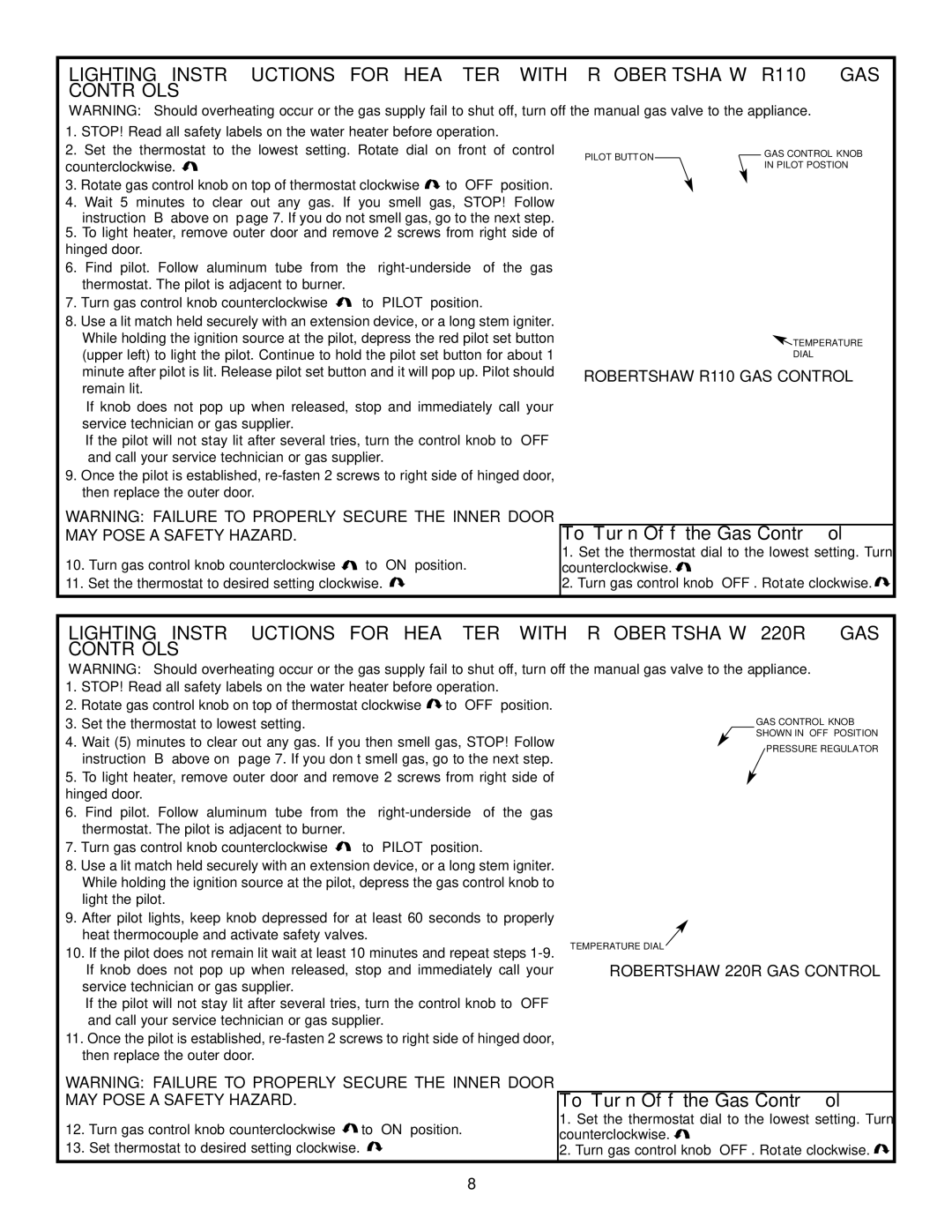 GSW PART NO.70999 REV.G (03-12) operating instructions Robertshaw R110 GAS Control 