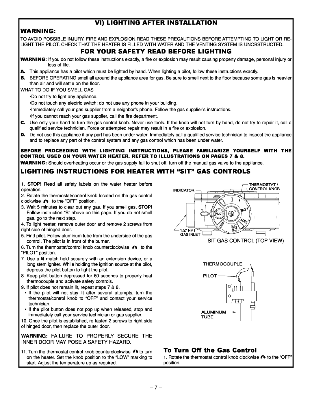 GSW PART NO.70999 REV.G (03-12) operating instructions Vi Lighting After Installation, For Your Safety Read Before Lighting 