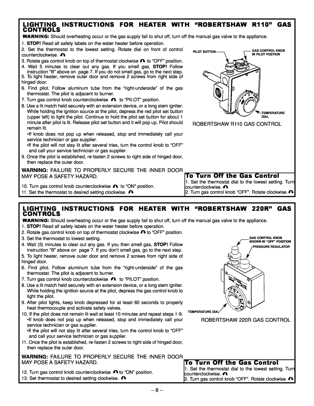 GSW PART NO.70999 REV.G (03-12) operating instructions To Turn Off the Gas Control 