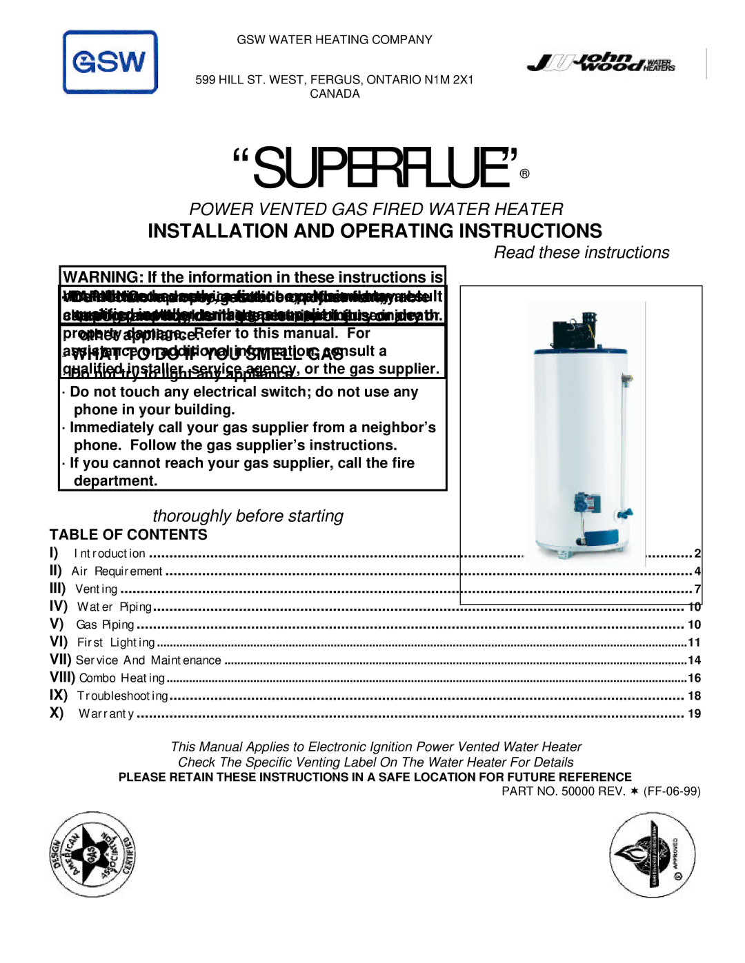 GSW POWER VENTED GAS FIRED WATER HEATER operating instructions Superflue 