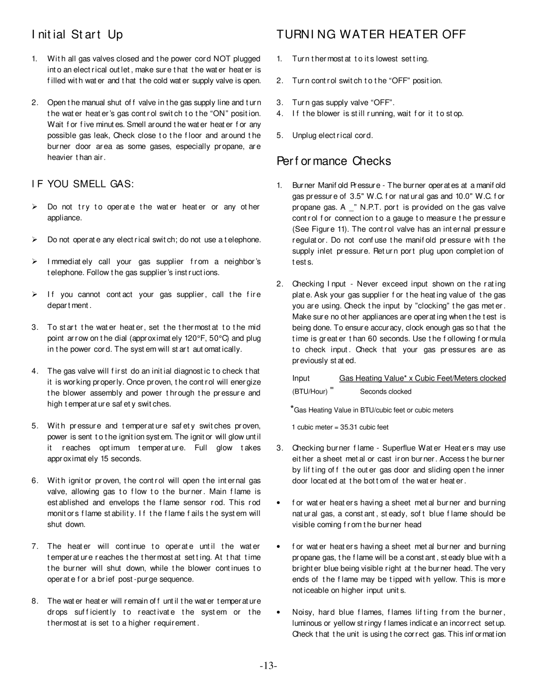 GSW POWER VENTED GAS FIRED WATER HEATER operating instructions Initial Start Up, Performance Checks 