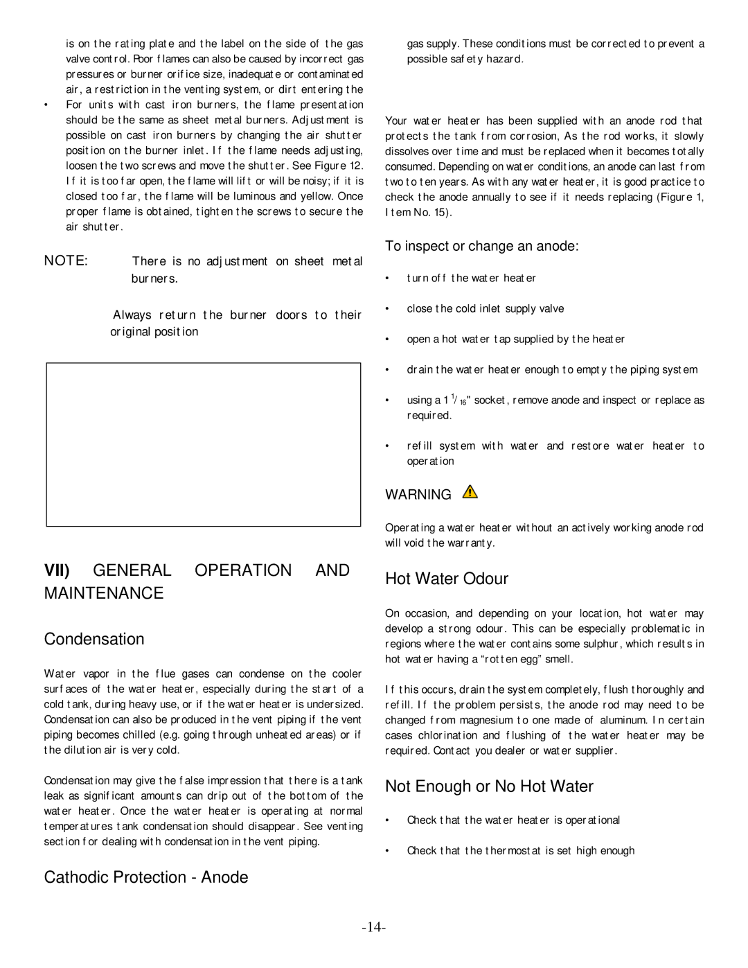 GSW POWER VENTED GAS FIRED WATER HEATER operating instructions Condensation, Cathodic Protection Anode Hot Water Odour 