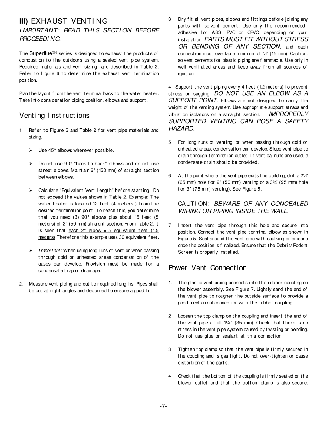 GSW POWER VENTED GAS FIRED WATER HEATER Venting Instructions, Power Vent Connection, Or Bending of ANY Section 