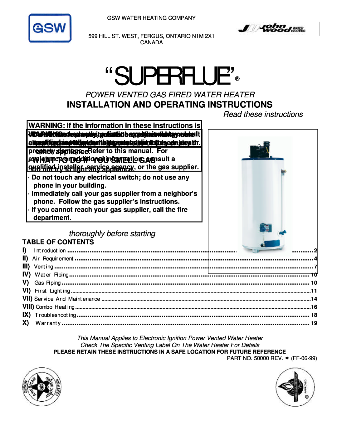 GSW POWER VENTED GAS FIRED WATER HEATER operating instructions “Superflue”, Installation And Operating Instructions 