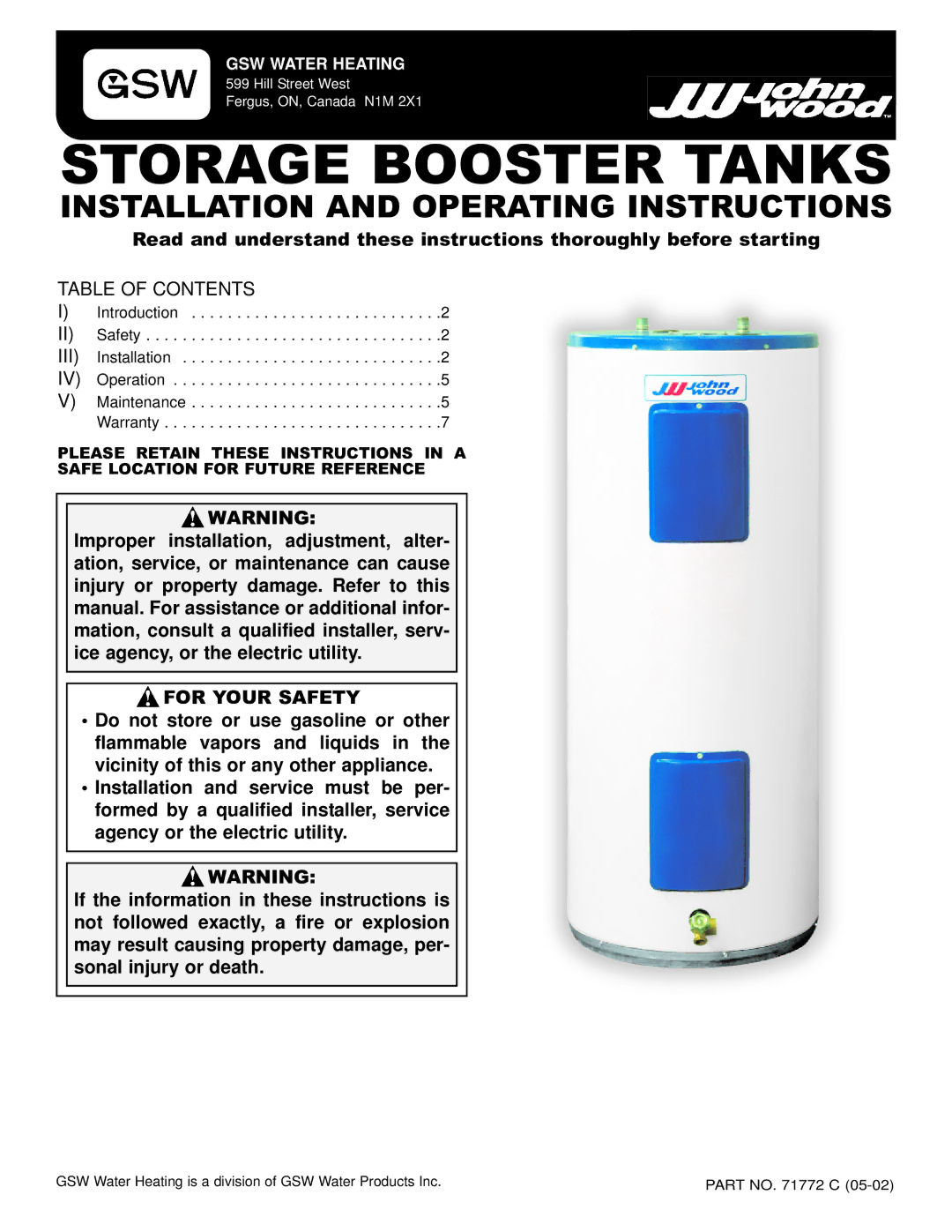 GSW WATER HEATING operating instructions Storage Booster Tanks, For Your Safety 