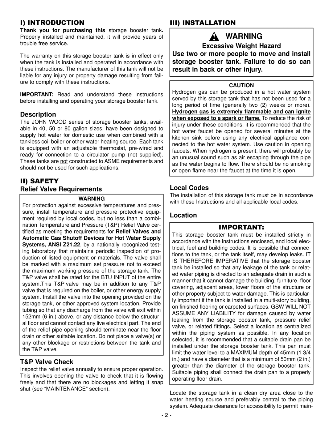 GSW WATER HEATING operating instructions Introduction, III Installation, II Safety 