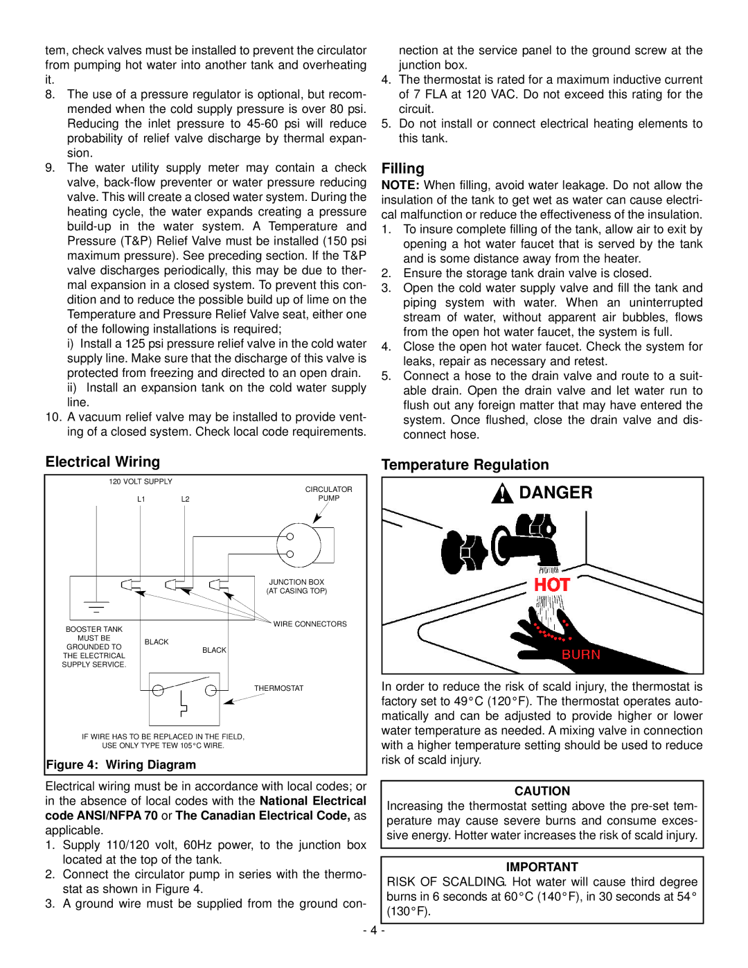 GSW WATER HEATING operating instructions Filling, Electrical Wiring Temperature Regulation 