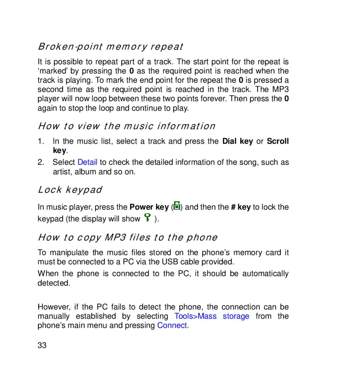 GT Mobile I801 manual Broken-point memory repeat, How to view the music information, Lock keypad 