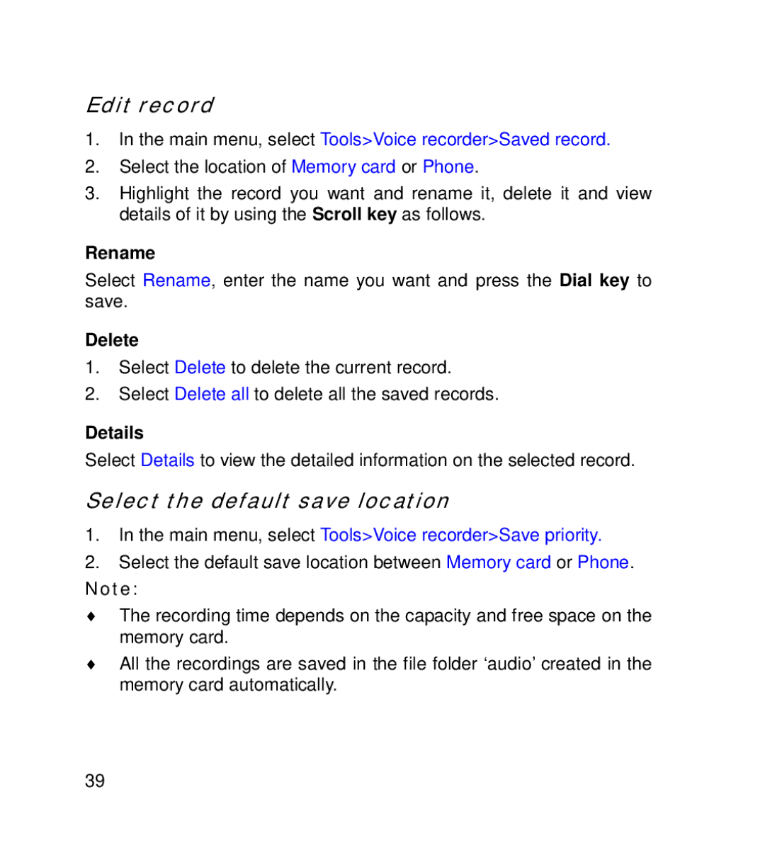 GT Mobile I801 manual Edit record, Select the default save location, Rename, Delete, Details 