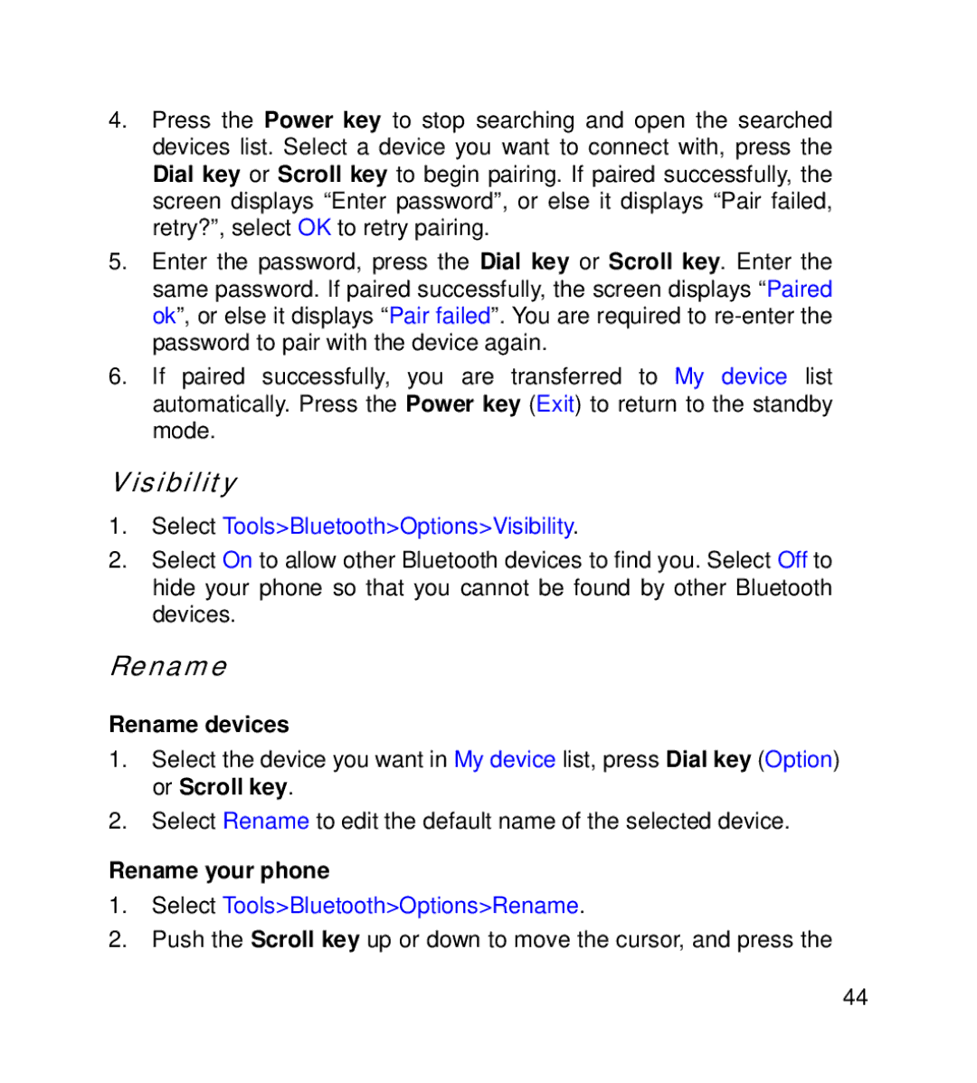 GT Mobile I801 manual Visibility, Rename devices, Rename your phone 