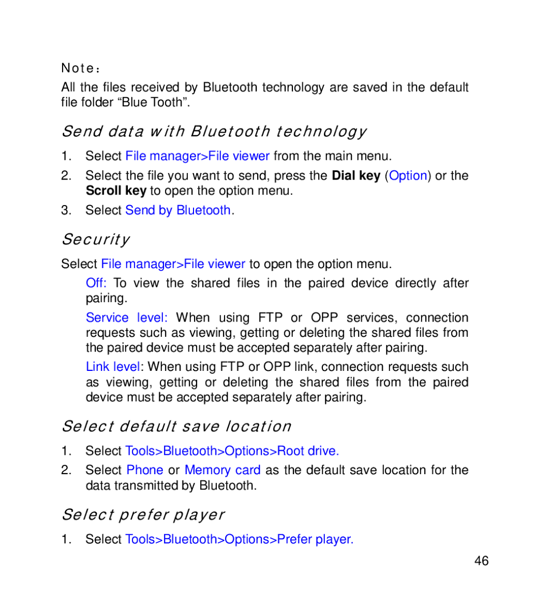 GT Mobile I801 manual Send data with Bluetooth technology, Security, Select default save location, Select prefer player 