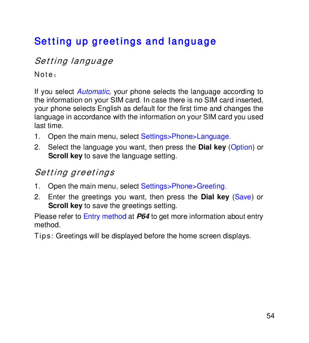 GT Mobile I801 manual Setting up greetings and language, Setting language, Setting greetings 