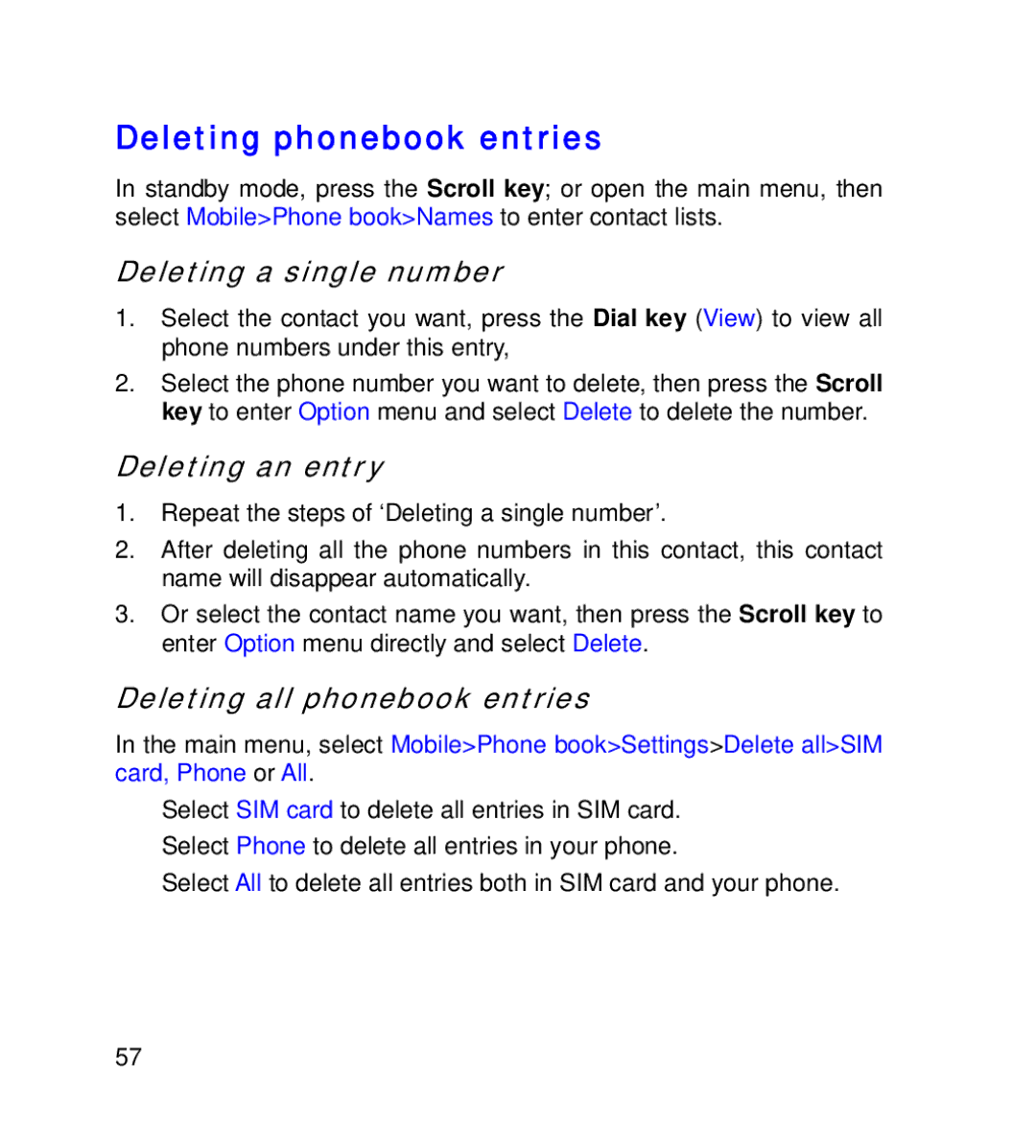 GT Mobile I801 Deleting phonebook entries, Deleting a single number, Deleting an entry, Deleting all phonebook entries 