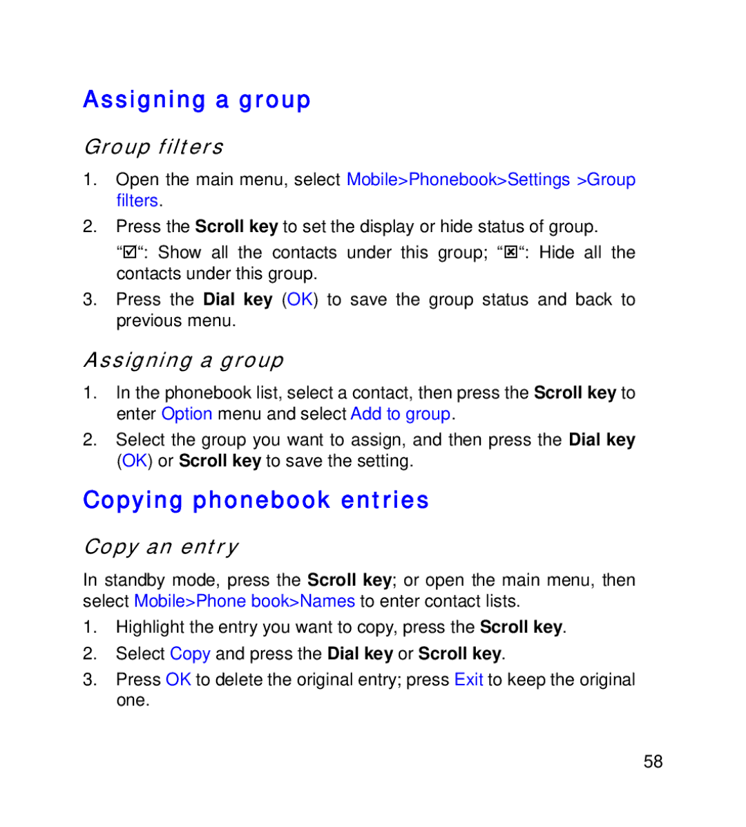 GT Mobile I801 manual Assigning a group, Copying phonebook entries, Group filters, Copy an entry 