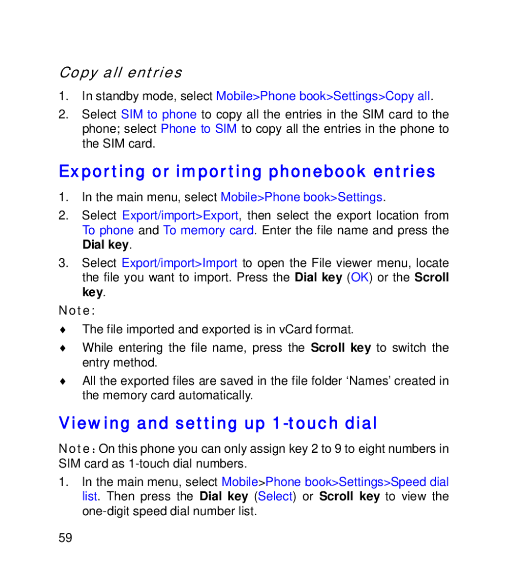 GT Mobile I801 manual Exporting or importing phonebook entries, Viewing and setting up 1-touch dial, Copy all entries 