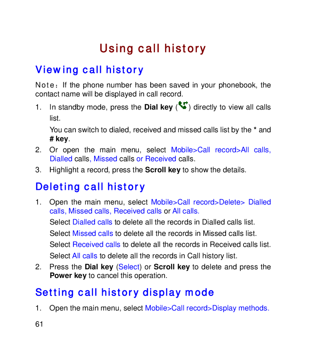 GT Mobile I801 Using call history, Viewing call history, Deleting call history, Setting call history display mode, # key 