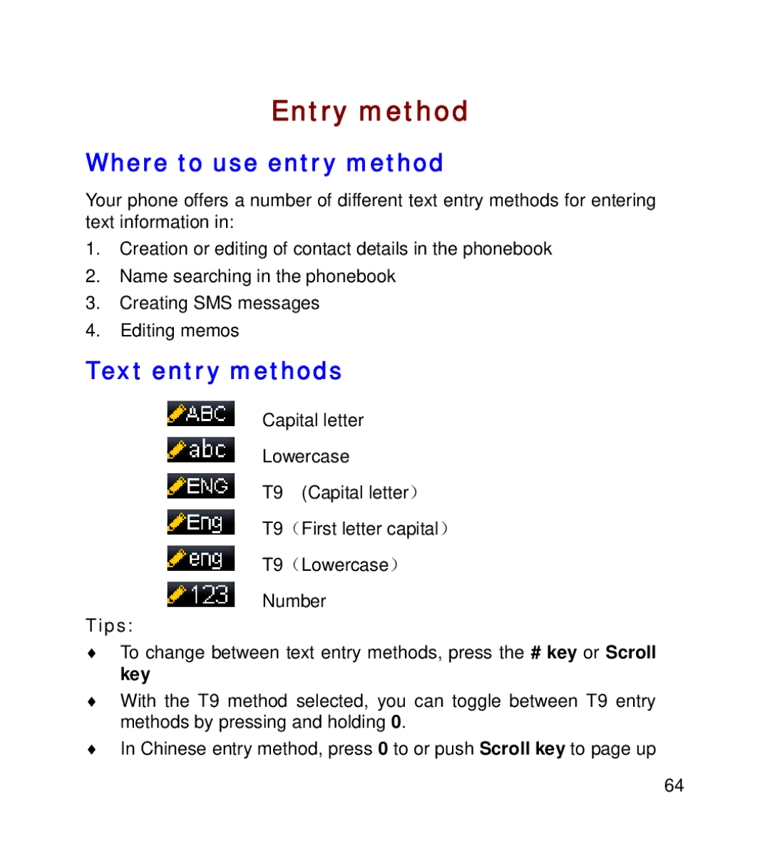 GT Mobile I801 manual Entry method, Where to use entry method, Text entry methods 