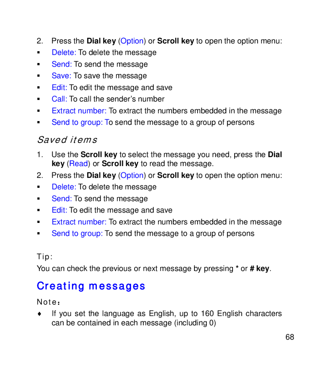 GT Mobile I801 manual Creating messages, Saved items 