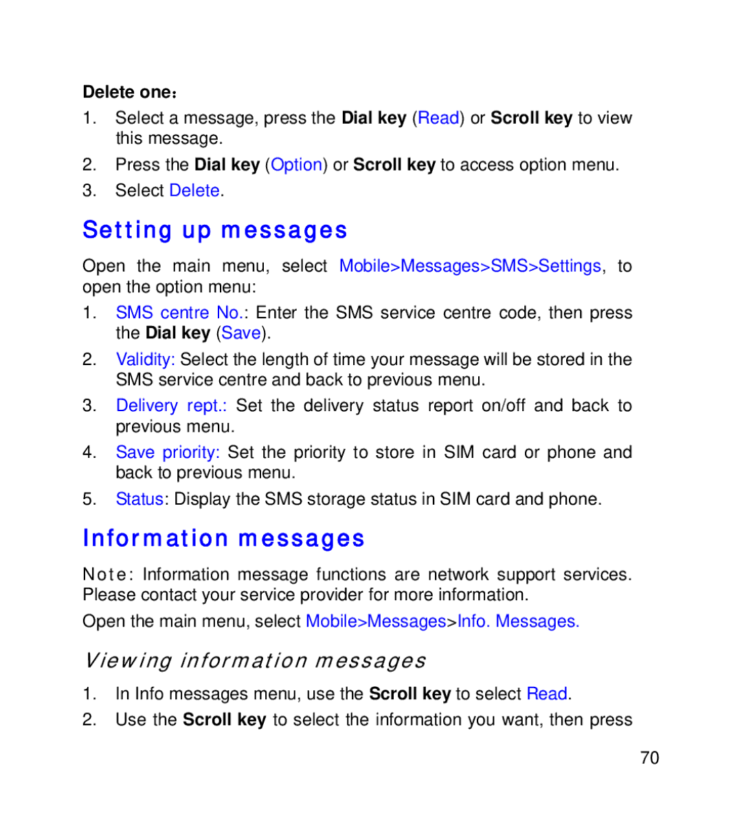 GT Mobile I801 manual Setting up messages, Information messages, Viewing information messages, Delete one： 