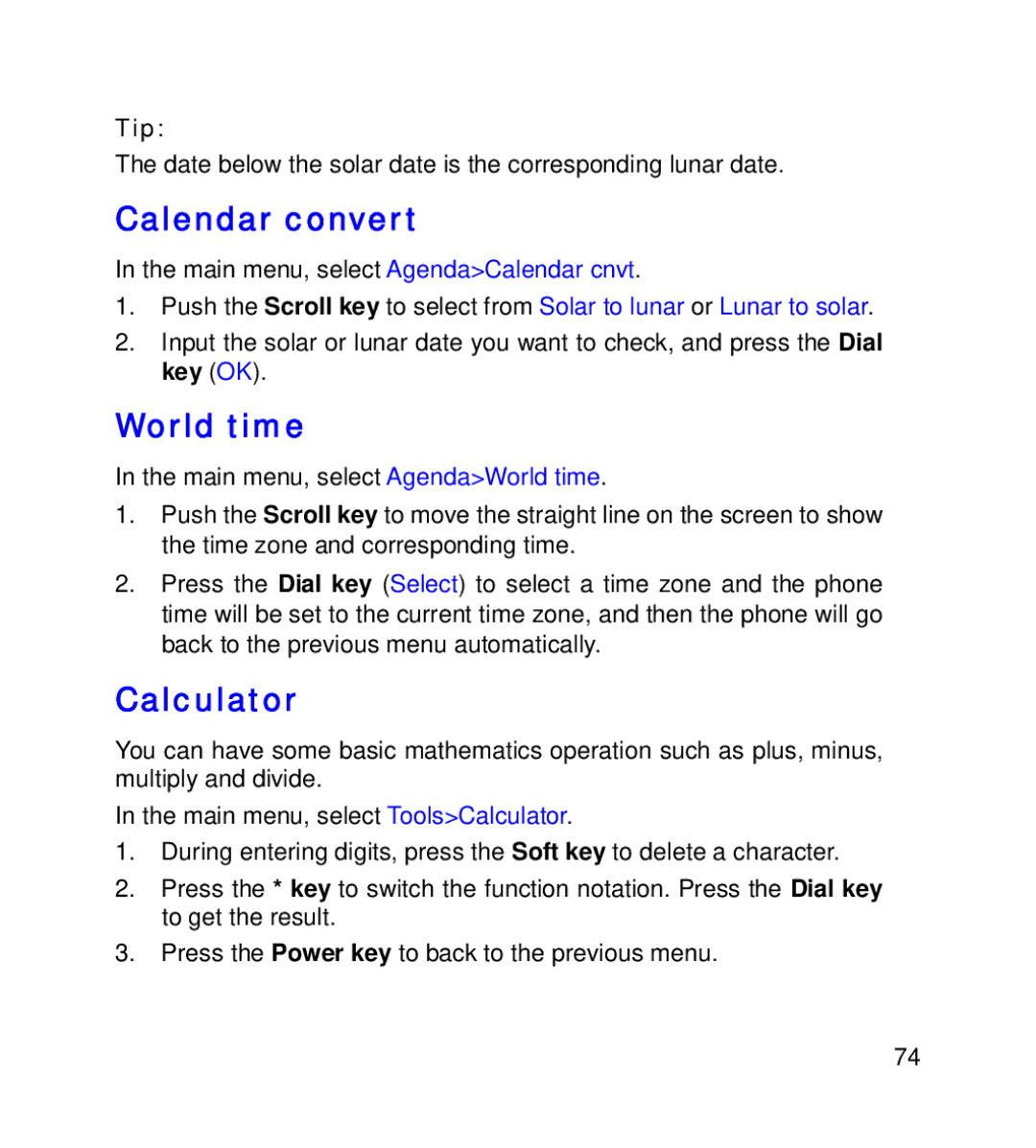 GT Mobile I801 manual Calendar convert, World time, Calculator 