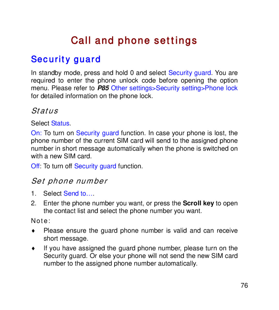 GT Mobile I801 manual Call and phone settings, Security guard, Status, Set phone number 