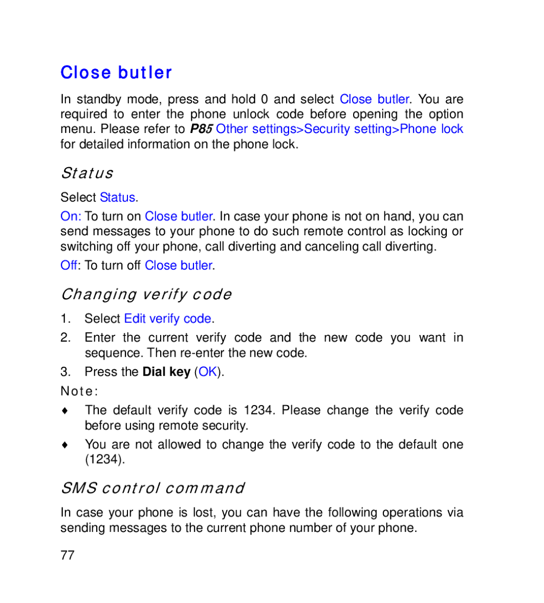 GT Mobile I801 manual Changing verify code, SMS control command, Off To turn off Close butler, Select Edit verify code 