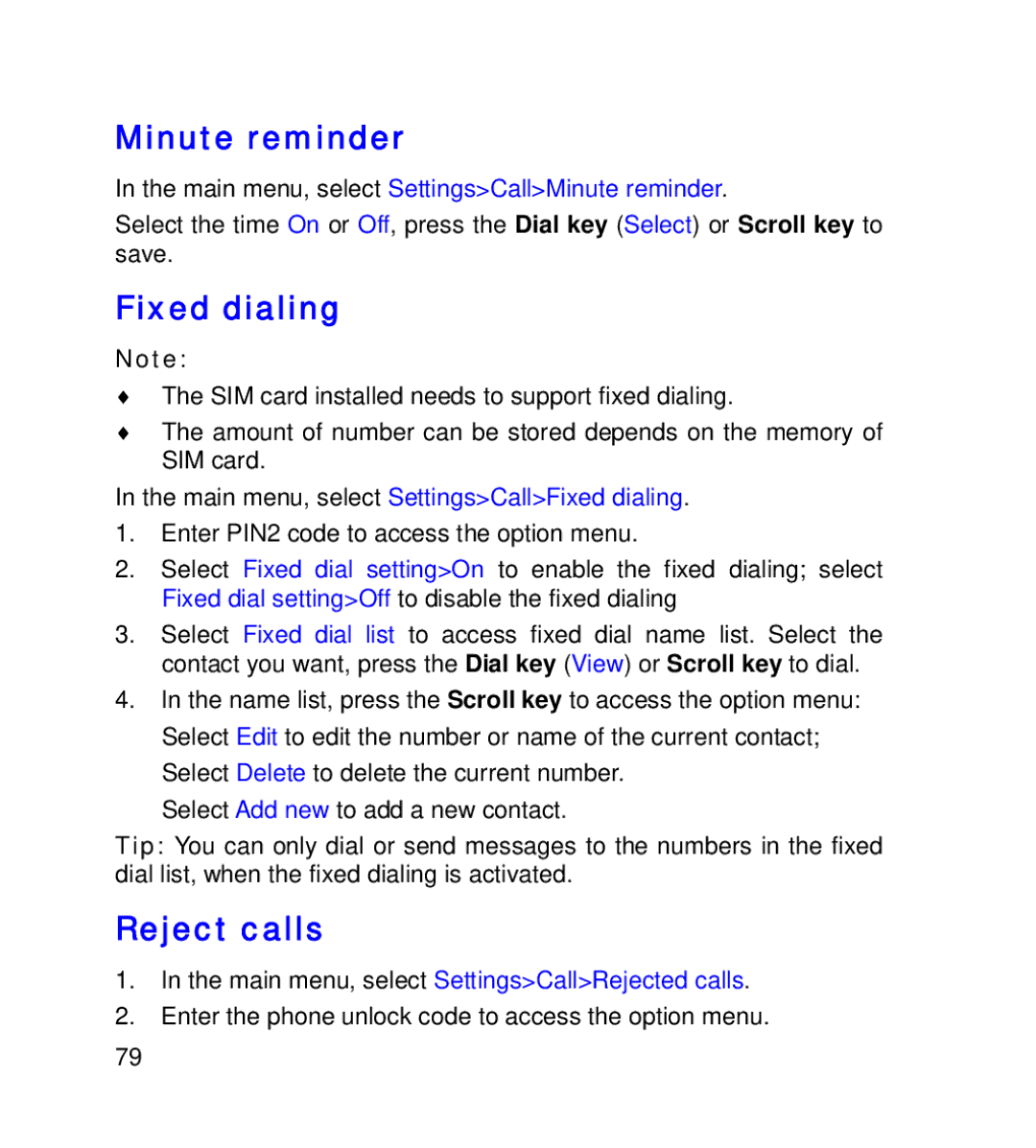 GT Mobile I801 manual Minute reminder, Fixed dialing, Reject calls 