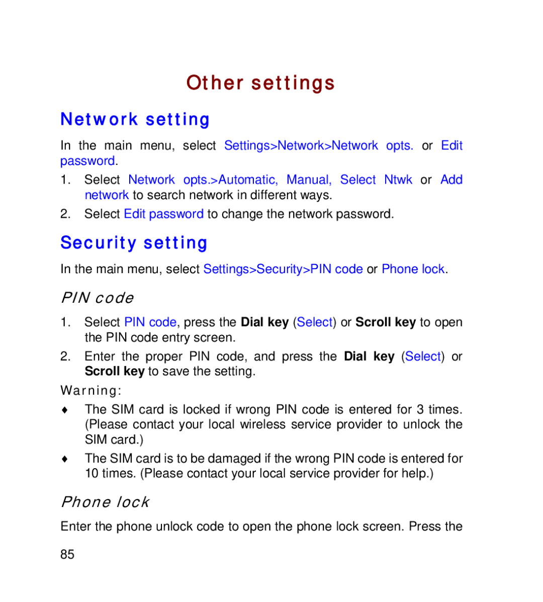 GT Mobile I801 manual Other settings, Network setting, Security setting, PIN code, Phone lock 