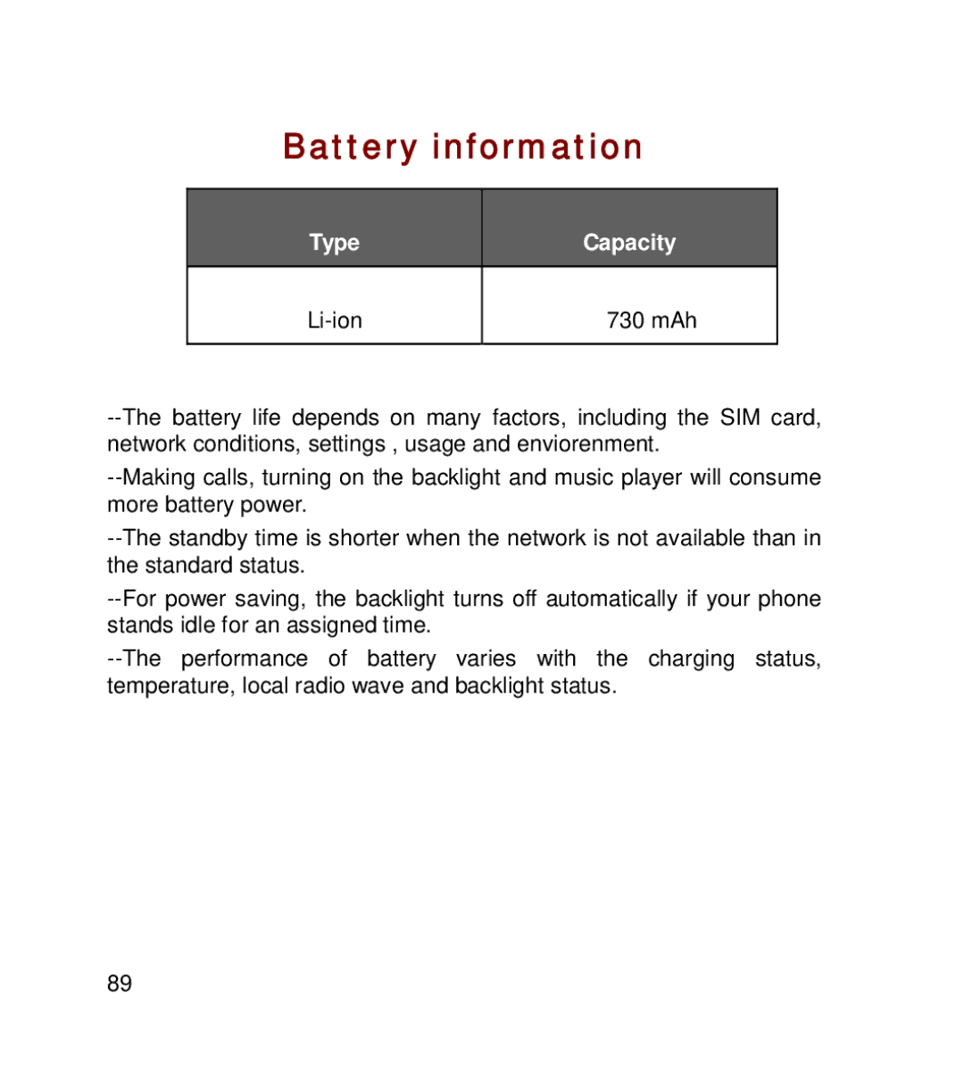 GT Mobile I801 manual Battery information, Type Capacity 