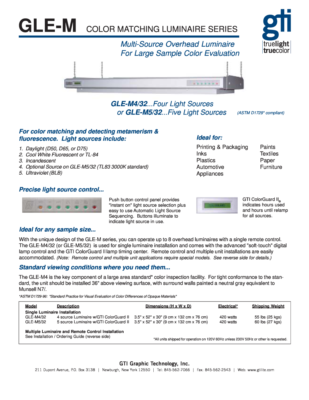 GTI GLE-M4/32 dimensions Gle-M Color Matching Luminaire Series, Multi-SourceOverhead Luminaire, Ideal for, Paints, Inks 