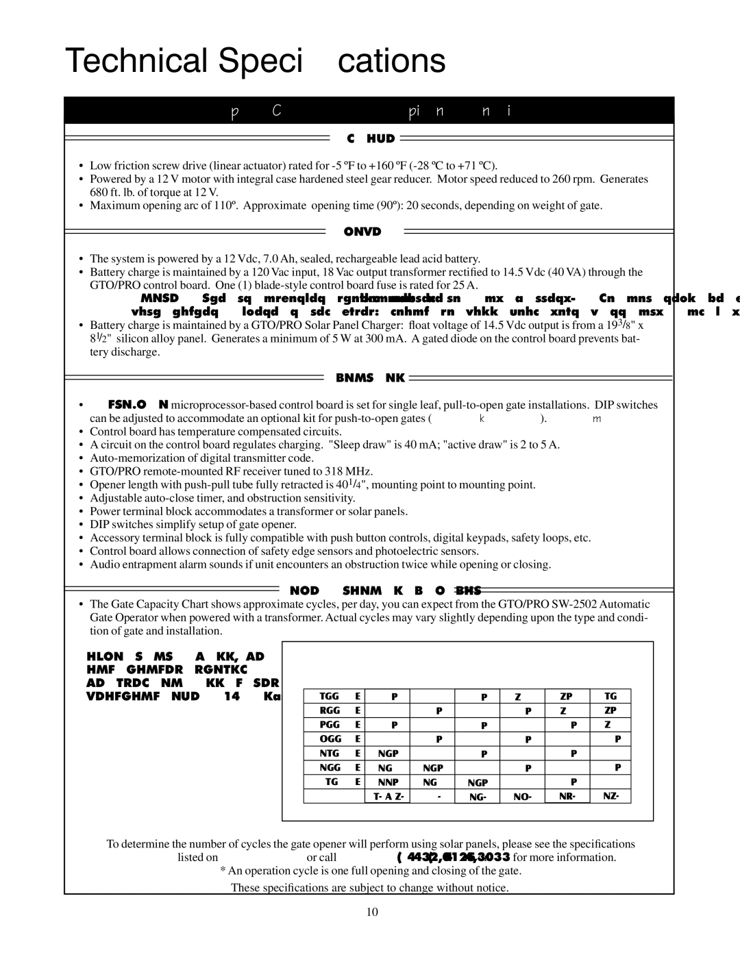 GTO 2550, 2502 installation manual Technical Speciﬁcations 