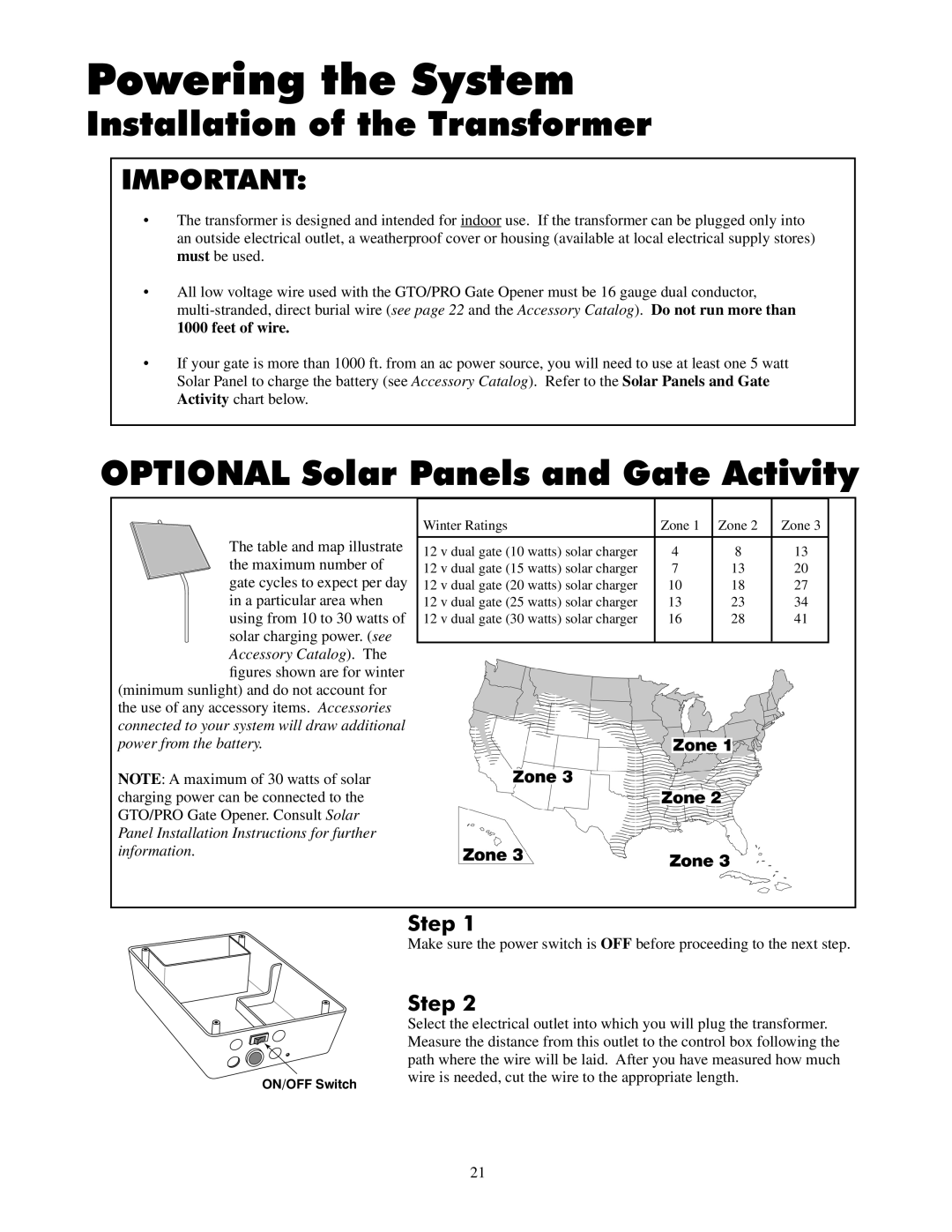 GTO 2502, 2550 installation manual Installation of the Transformer, Optional Solar Panels and Gate Activity 