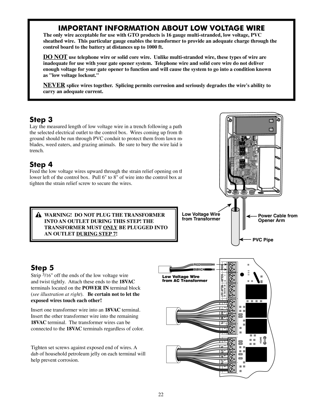 GTO 2550, 2502 installation manual Important Information about LOW Voltage Wire 