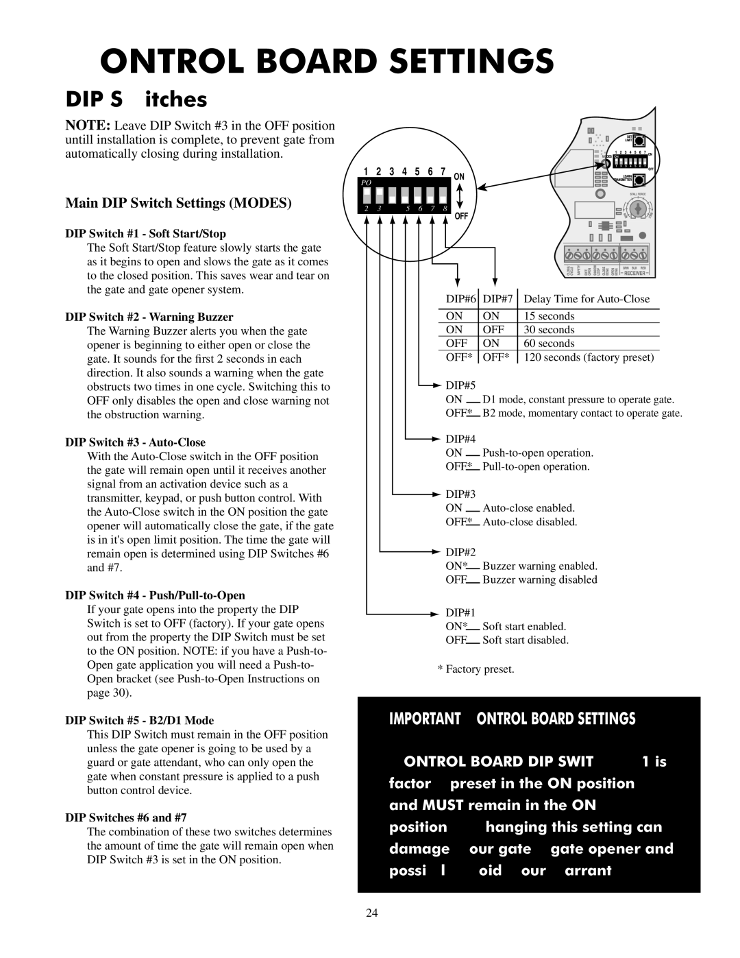 GTO 2550, 2502 installation manual DIP Switches, Main DIP Switch Settings Modes 